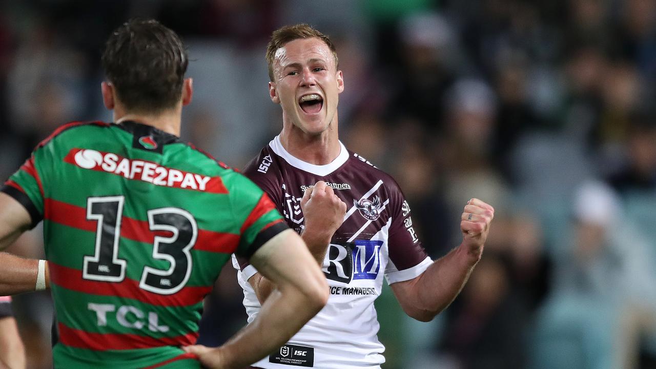 Manly's Daly Cherry-Evans celebrates after scoring a try during the South Sydney v Manly NRL Semi Final at ANZ Stadium, Homebush. Picture: Brett Costello