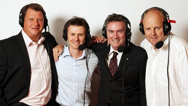 Grant Thomas, with fellow SEN callers Anthony Hudson, Eddie McGuire and Bill Brownlow in 2008, claims he was sacked from the station after he was told he was its best commentator.