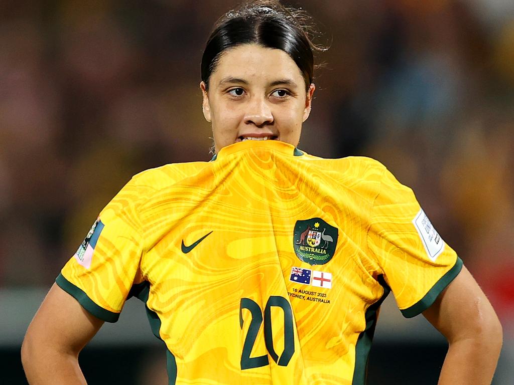 Sam Kerr reacts after a missed chance during the semi-final. Picture: Brendon Thorne/Getty Images