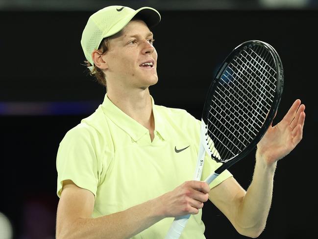 MELBOURNE, AUSTRALIA - JANUARY 24: Jannik Sinner of Italy acknowledges the crowd after winning against Ben Shelton of the United States in the Men's Singles Semifinal during day 13 of the 2025 Australian Open at Melbourne Park on January 24, 2025 in Melbourne, Australia. (Photo by Cameron Spencer/Getty Images)