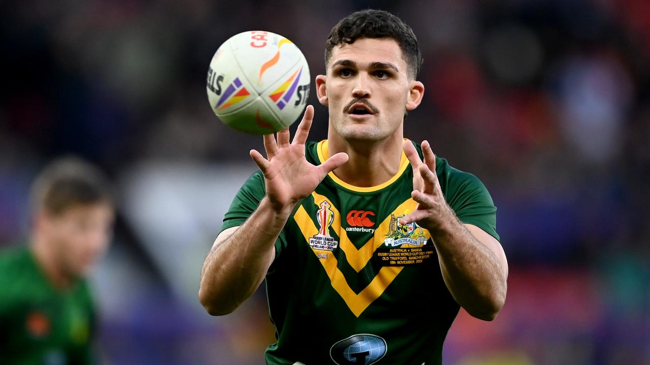 MANCHESTER, ENGLAND - NOVEMBER 19: Nathan Cleary of Australia warms up prior to the Rugby League World Cup Final match between Australia and Samoa at Old Trafford on November 19, 2022 in Manchester, England. (Photo by Gareth Copley/Getty Images)