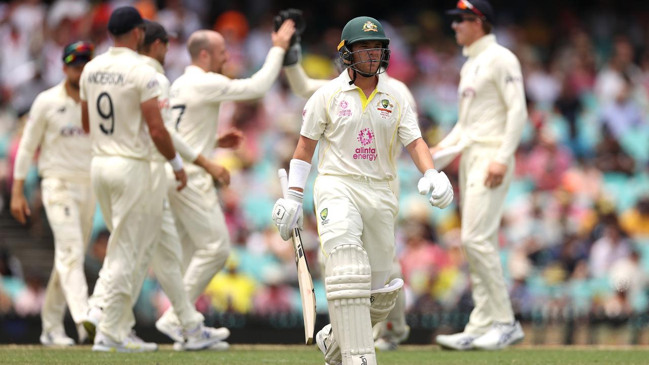 Marcus Harris leaves the field after being removed by Jack Leach during day four of the Fourth Test at the SCG on January 08, 2022. Photo: Getty Images