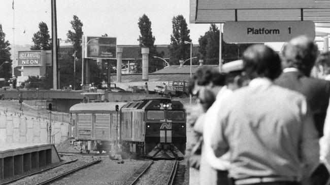 Jubilee Trade Train being pulled by the Bob Hawke diesel locomotive pulls into the Keswick train terminal February 28, 1985.