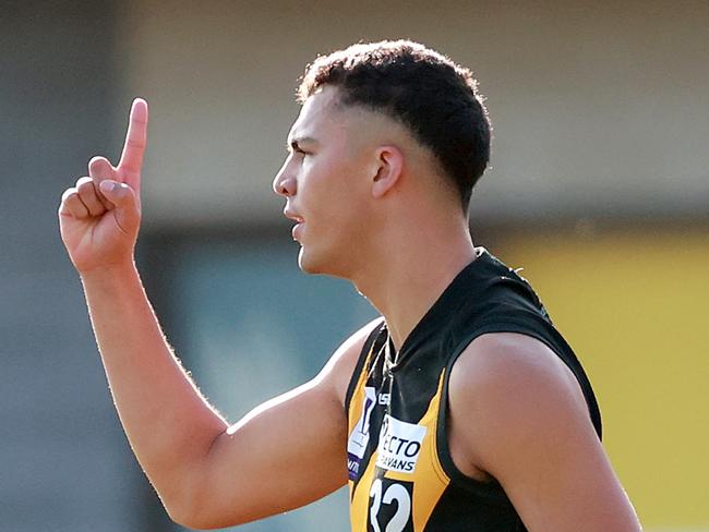 MELBOURNE, AUSTRALIA - SEPTEMBER 02: Samuel Paea of Werribee celebrates kicking a goal during the VFL Qualifying Final match between Werribee and Box Hill Hawks at Avalon Airport Oval on September 02, 2023 in Melbourne, Australia. (Photo by Kelly Defina/AFL Photos/via Getty Images)