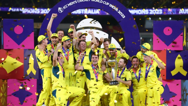 Australian captain Pat Cummins lifts the trophy after defeating India in the Cricket World Cup final. Picture: Robert Cianflone/Getty Images