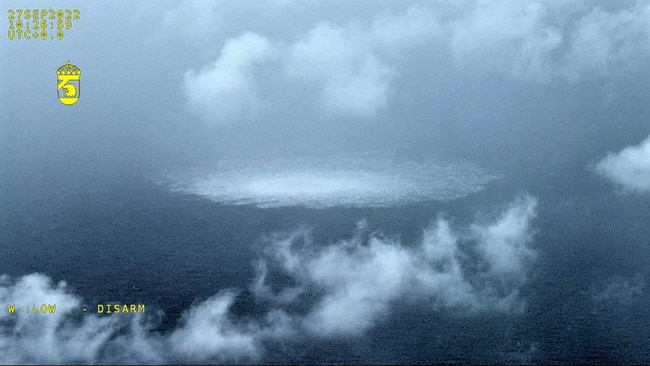 An image from an aircraft of the Swedish Coast Guard (Kustbevakningen) shows the release of gas emanating from a leak on a Nord Stream gas pipeline in the Swedish economic zone in the Baltic Sea, near the Danish island of Bornholm.