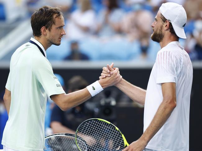 Medvedev and Cressy after their four-set battle. Picture: Getty Images