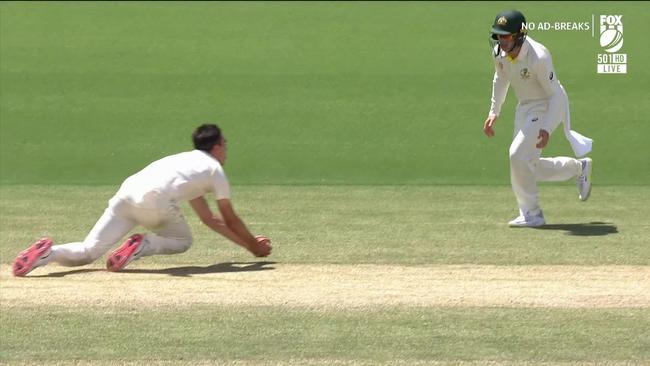 Australian paceman Pat Cummins takes an excellent catch off his own bowling to dismiss Sri Lanka's Lahiru Thirimanne. Picture: Fox Cricket