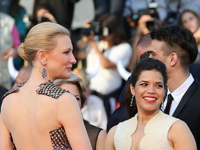 In stitches ... Cate Blanchett and America Ferrara Loic Venance in the French Riviera on Friday. Picture: Loic Venance