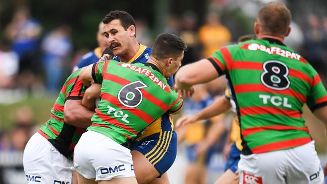 Reagan Campbell-Gillard on the charge for the Eels against South Sydney. Picture: Nathan Hopkins/NRL Photos