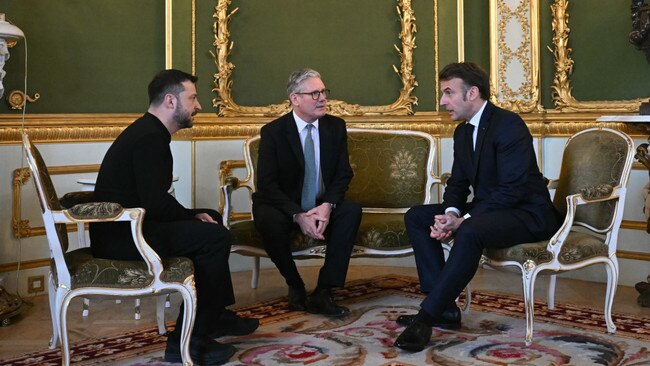 President Volodymyr Zelensky with Sir Keir Starmer and President Emmanuel Macron in London on March 2. Picture: Justin Tallis/Getty Images