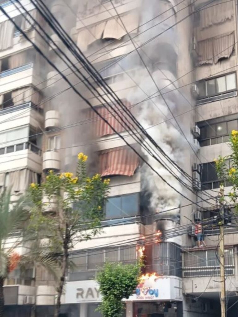 An apartment building on fire in Beirut. Picture: X/ME_Observer_