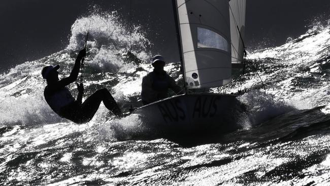 Australia's Will Rian, left, and Mathew Belcher participate in the 470 men race at the 2016 Summer Olympics in Rio de Janeiro, Brazil, Thursday, Aug. 11, 2016. (AP Photo/Bernat Armangue)