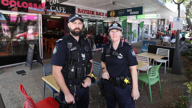 Police officers Nick Bentley and Bec Taylor in the Wynumm CBD. Picture: AAP/Jono Searle