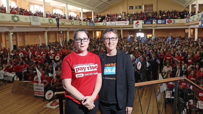 Unions Tasmania secretary Jessica Munday, left, and Australian Council of Trade Unions secretary Sally McManus. Picture: LUKE BOWDEN