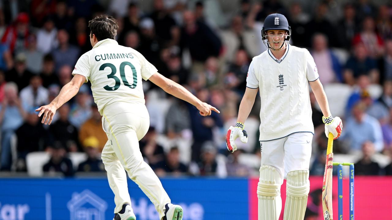 Harry Brook is dismissed by Pat Cummins. Picture: Getty