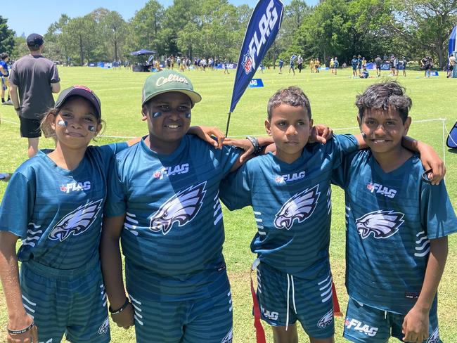 Djarragun College students Tristan Mays Neal, Zephy Atu Sam, Shantika Kingsburra, Eric Gordon at the 2024 U12 flag football national championships on the Gold Coast. Picture: Mitch Bourke.