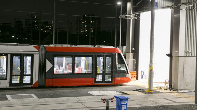 New trams for Sydney’s light rail remain at a holding yard on the western side of Randwick Racecourse. Picture: Dylan Robinson