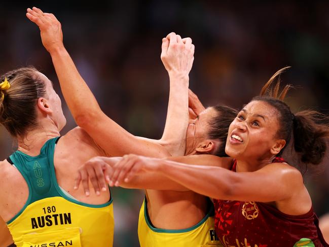 SYDNEY, AUSTRALIA - OCTOBER 30: Kira Austin of Australia accidentally hits Maddy Proud of Australia with her elbow during game two of the International Test series between the Australia Diamonds and the England Roses at Qudos Bank Arena on October 30, 2022 in Sydney, Australia. (Photo by Mark Kolbe/Getty Images for Netball Australia)