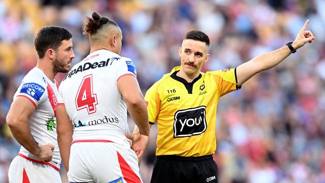 Tyrell Fuimaono of the Dragons is sent off (Photo by Bradley Kanaris/Getty Images)