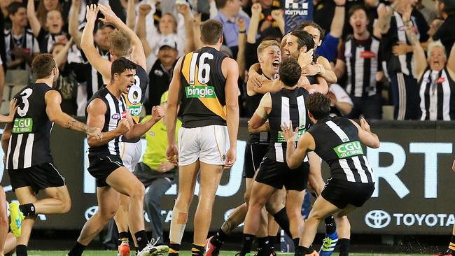 Brodie Grundy is mobbed by teammates after kicking the winning goal against Richmond in Round 2. Picture: Wayne Ludbey