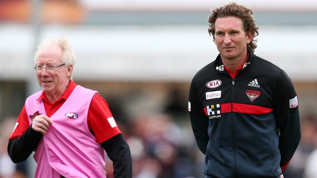 Essendon coach James Hird with long-serving club doctor, Dr Bruce Reid. Pic: Michael Klein