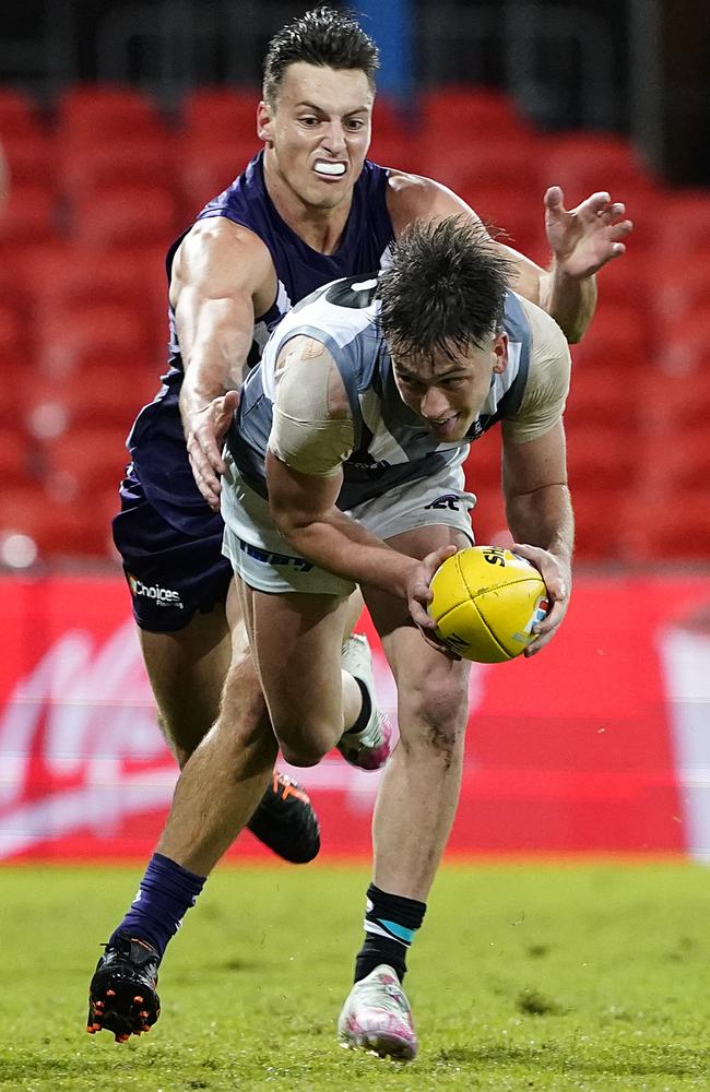 Zak Butters on the burst in the Power’s Round 3 win over the Dockers. Picture: Dave Hunt (AAP).