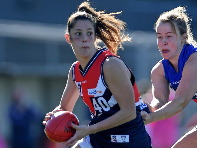 Lauren Pearce in action during the VFLW Darebin Falcons v Western Bulldogs football match in Footscray, Saturday, June 8, 2019. Picture: Andy Brownbill