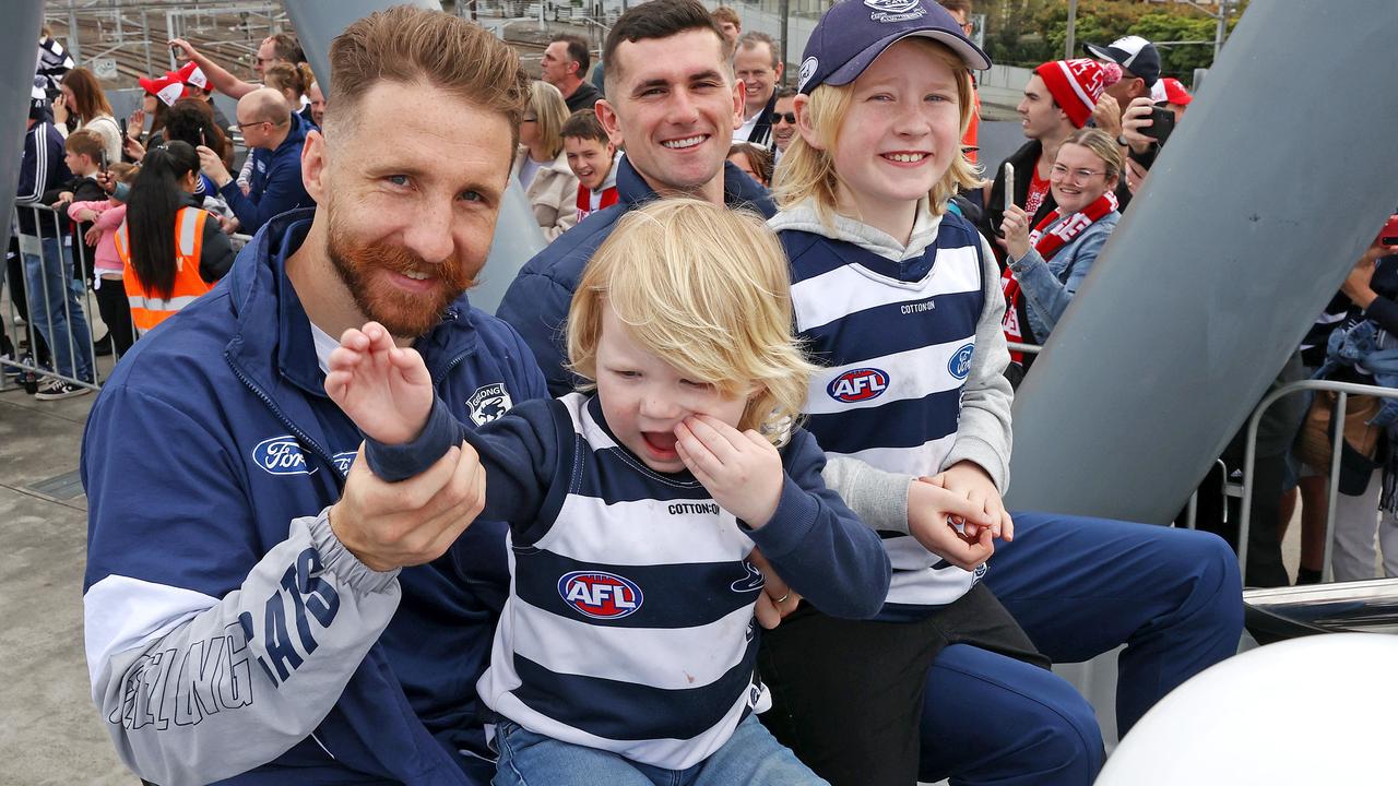 Irishmen Zach Tuohy and Mark O’Connor take part in the Grand Final parade. Picture: Mark Stewart