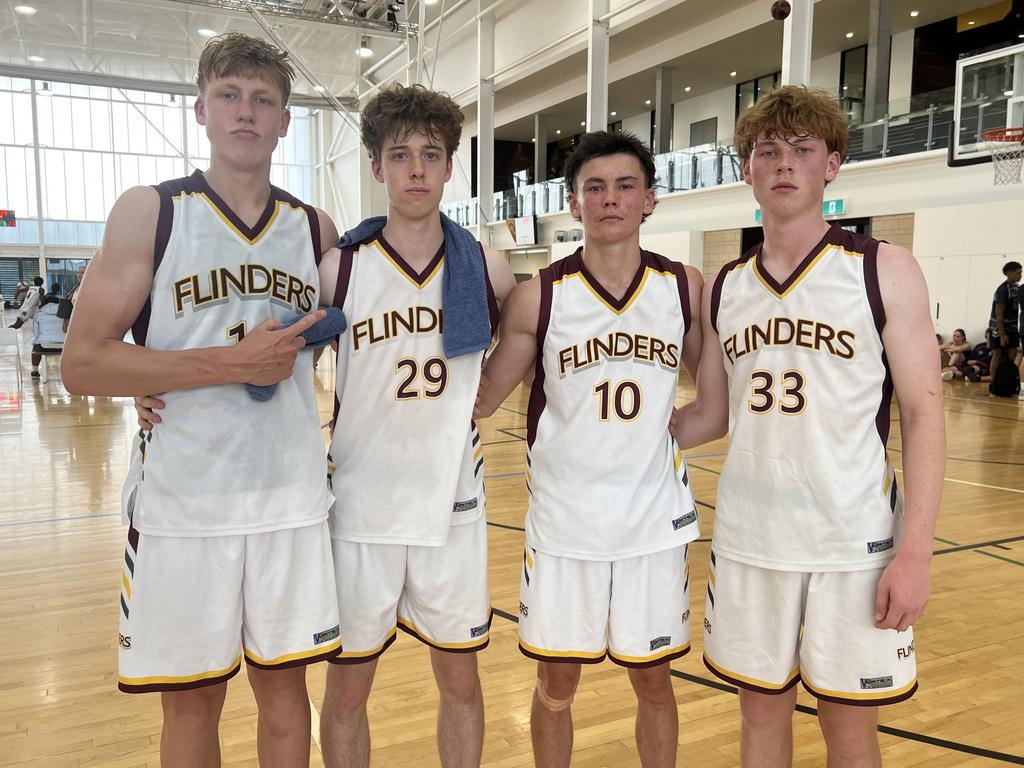 Flinders College basketballers (L-R) Bailey Marshall, Spencer Mitchell, Jack Nagy and Tom White