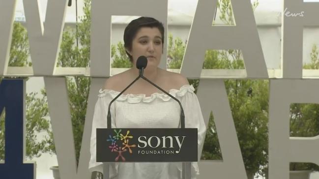 Cancer survivor Maddi Delaney speaks at Sony Foundation fundraiser