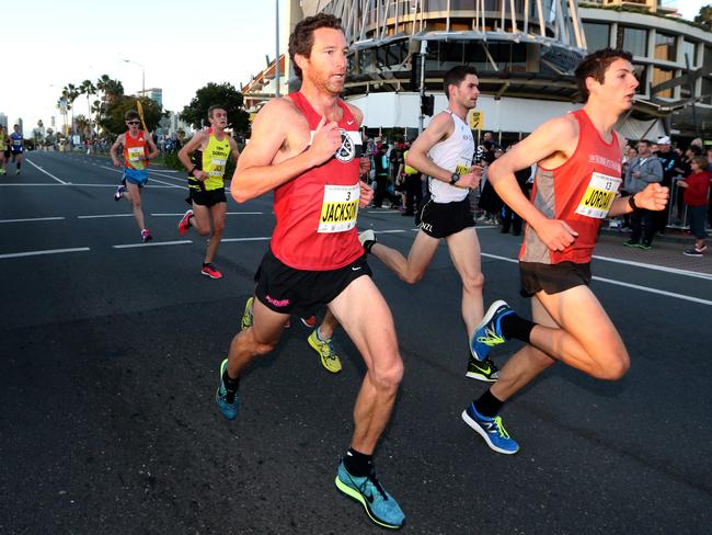 Lead runners in the Southern Cross University 10km Run part of the Gold Coast Airport Marathon, Gold Coast. Picture: Regi Varghese