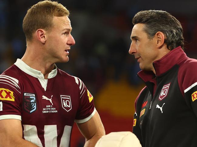 BRISBANE, AUSTRALIA - JULY 17:  QLD Maroons coach Billy Slater shakes hands with Daly Cherry-Evans of the Maroons after game three of the 2024 Men's State of Origin series between Queensland Maroons and New South Wales Blues at Suncorp Stadium on July 17, 2024 in Brisbane, Australia. (Photo by Chris Hyde/Getty Images)