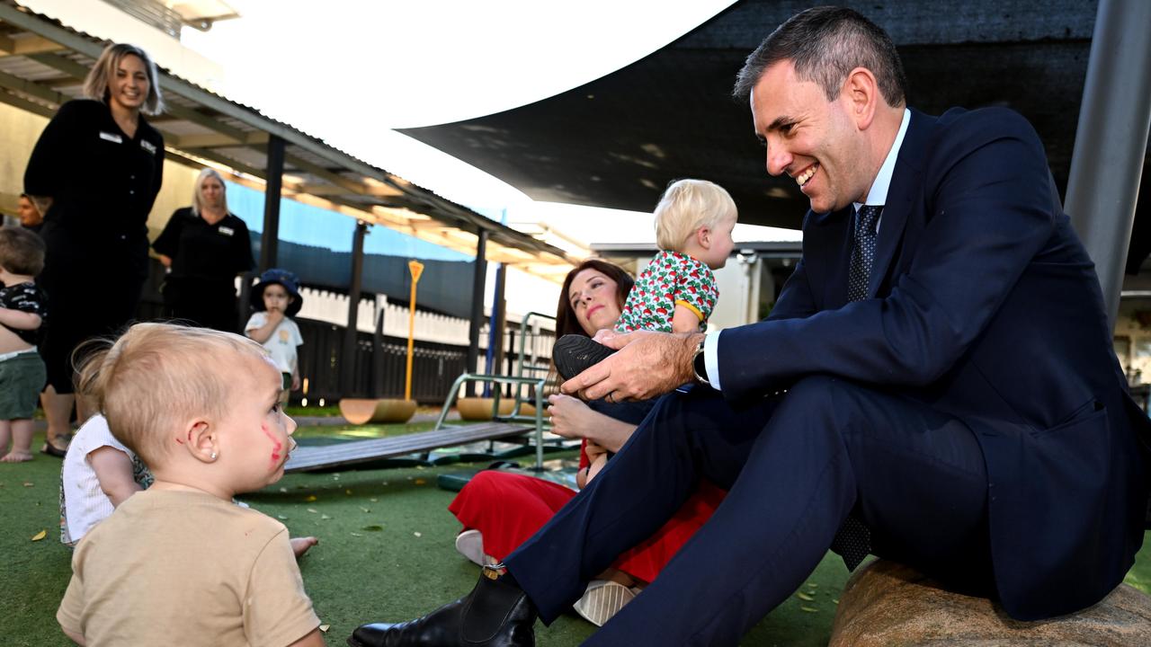 Federal Treasurer Jim Chalmers and Aged Care and Sport Minister Anika Wells visit a childcare centre in Taigum, in Brisbane’s north. Picture: NCA NewsWire/Dan Peled