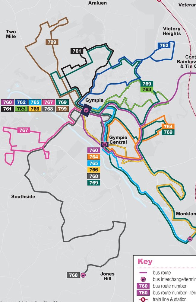 Map of proposed changes: TMR is proposing changes for the existing Gympie bus network (including routes 760, 761, 762, 763, 764, 765, 766, 767 and 769) and the introduction of some new services for growth areas.