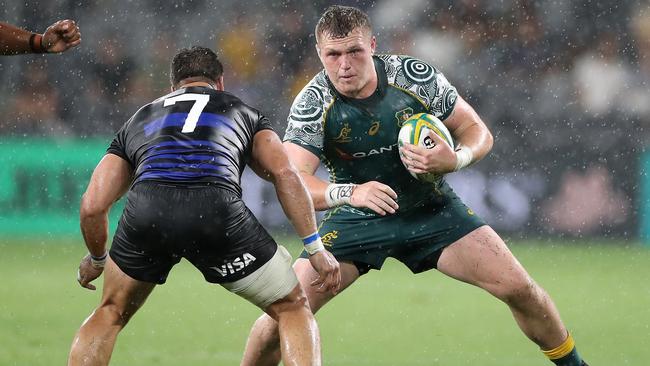 Wallaby Angus Bell tries to evade a tackler. Picture: Mark Kolbe/Getty Images