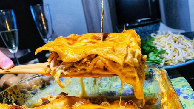 Two Aussies living in Singapore made a “laksagna” after being inspired by Darwin’s laksa festival. A questionable spin on the dish but still closer to a laksa than whatever NT Health put on its poster. Picture: Supplied