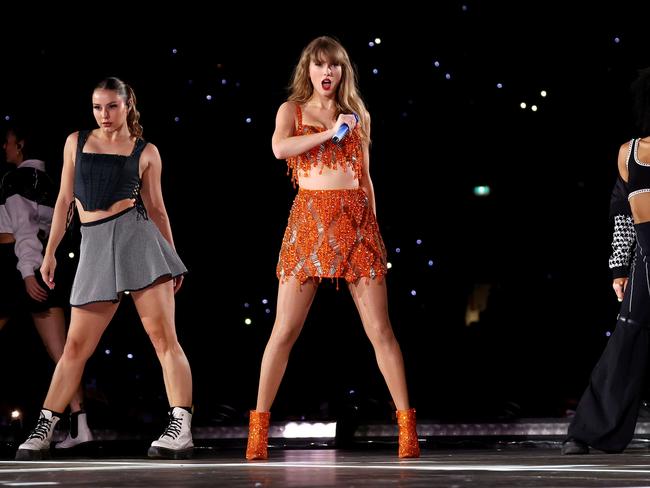 It might all be glamorous onstage, but to get there, Swift has to sit inside a cleaning cart. Picture: Graham Denholm/TAS24/Getty Images for TAS Rights Management