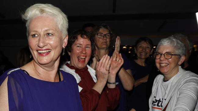 Independent candidate for Wentworth Kerryn Phelps (left) dances with supporters after delivering her victory speech. Picture: AAP