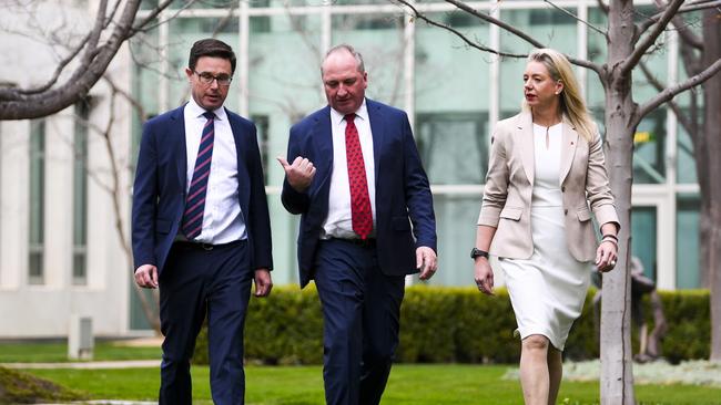 (L-R) Deputy Leader of the Nationals David Littleproud, Deputy Prime Minister Barnaby Joyce and Leader of the Nationals in the Senate Bridget McKenzie.