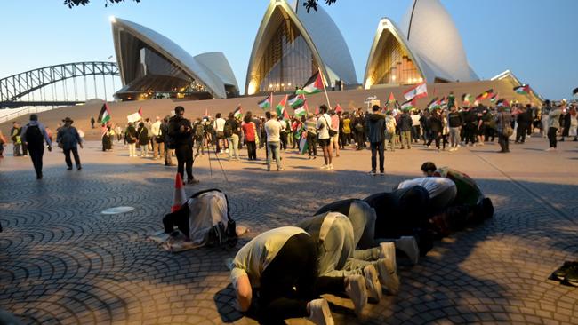 Rally For A Free Palestine on the forecourt of The Sydney Opera House in Sydney. Picture: NCA NewsWire / Jeremy Piper