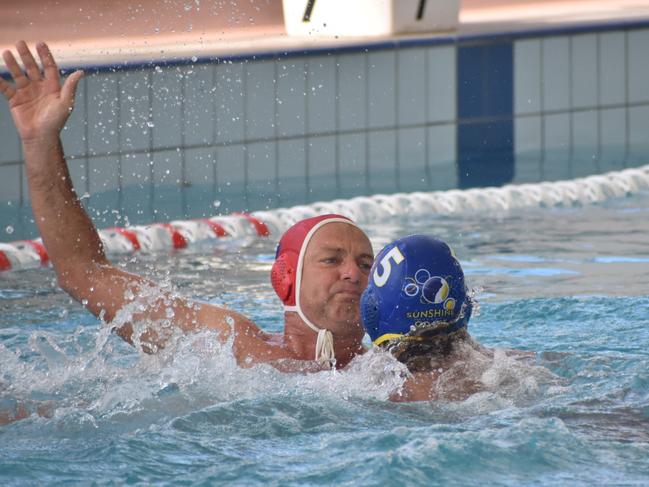 Water Polo Queensland Country Championships, 2nd World War Memorial Aquatic Centre, Rockhampton, February 18, 2023. Men, Mackay versus Sunshine Coast. Mackay goalkeeper Stacey Ruggeri.