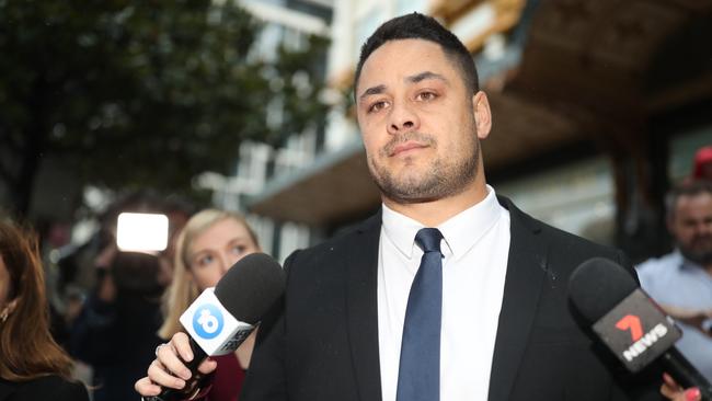 Former NRL superstar Jarryd Hayne leaving the Downing Centre in Sydney. Picture: NCA NewsWire / Christian Gilles