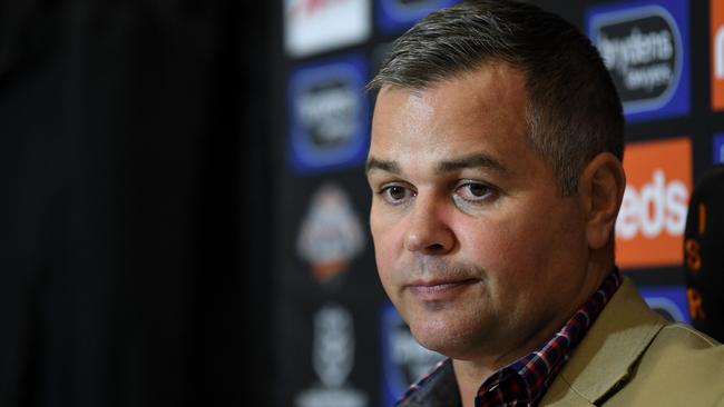 Brisbane coach Anthony Seibold had few answers after the Broncos were thrashed 48-0 by Wests Tigers at Leichhardt Oval. Picture: NRL Photos