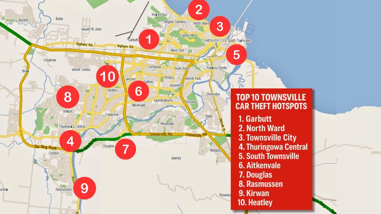 A map showing the top 10 car theft hotspots in Townsville over the last five years according to QPS data.