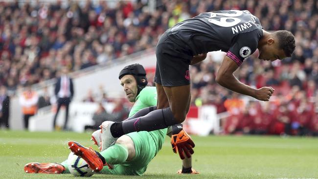 Arsenal goalkeeper Petr Cech tackles Everton's Dominic Calvert-Lewin at the Emirates Stadium. Picture: AP