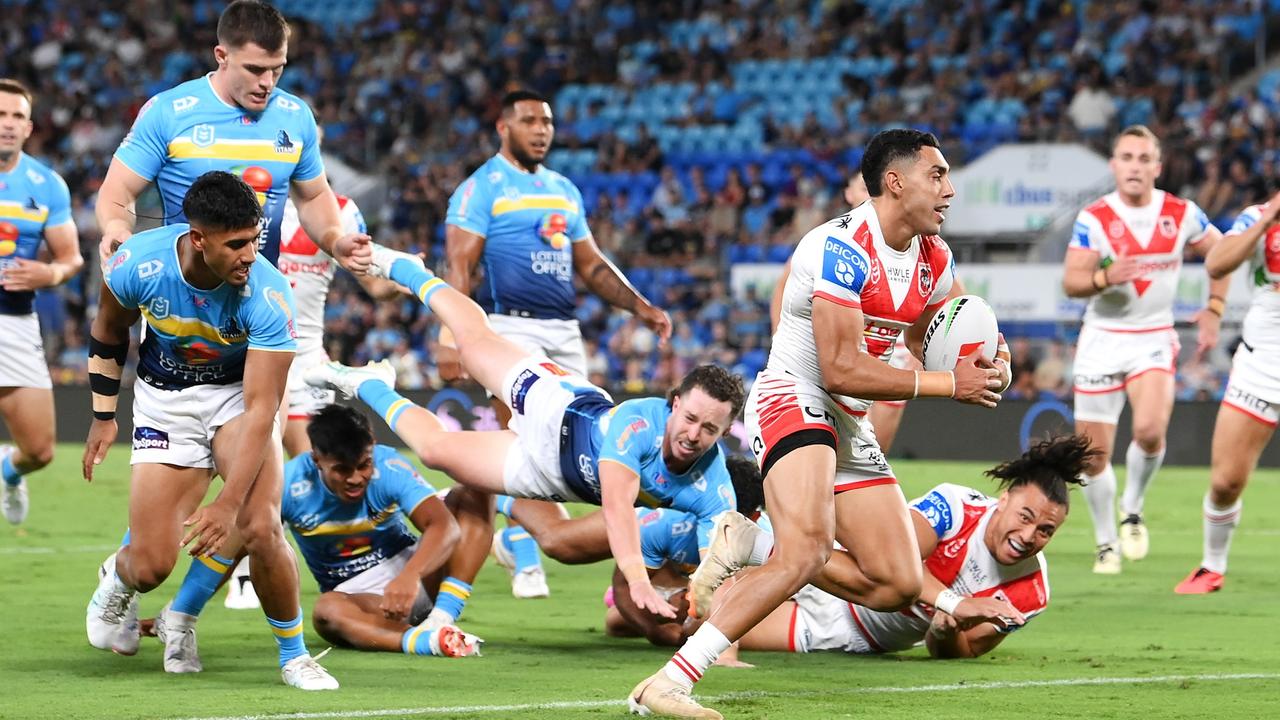 Tyrell Sloan scored a hat-trick for the Dragons. Picture: Getty Images