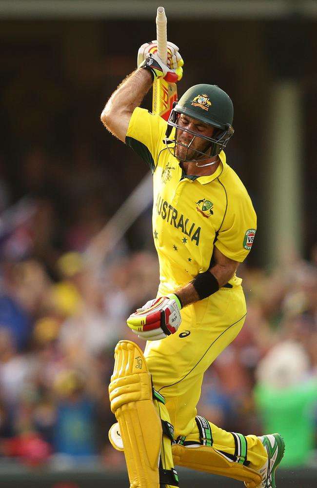 Maxwell celebrates his century against Sri Lanka.