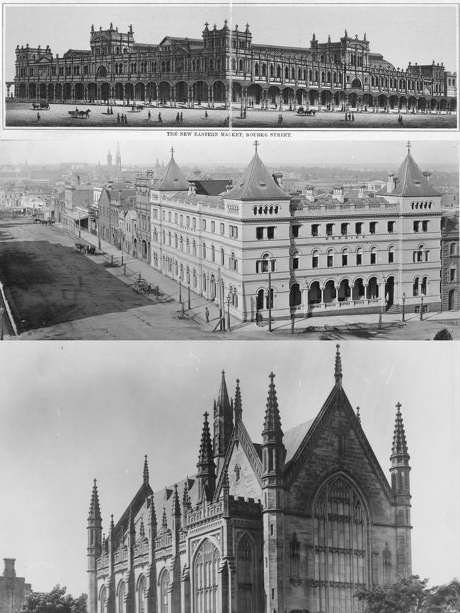 Buildings designed by Robert Reed including the Easter Marker (top), Menzies Hotel (centre) and Wilson Hall (bottom) have been destroyed or demolished. Pictures: State Library of Victoria