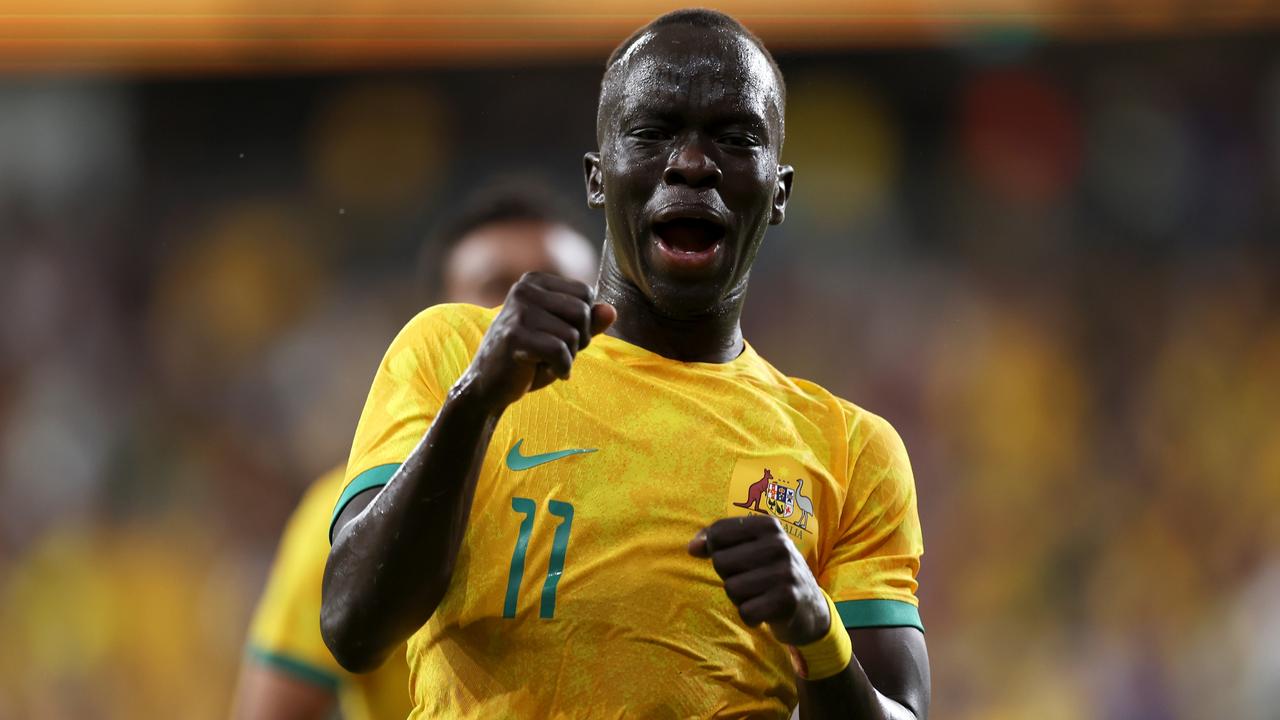 SYDNEY, AUSTRALIA - MARCH 24: Awer Mabil of the Socceroos celebrates scoring a goal during the International Friendly match between the Australia Socceroos and Ecuador at CommBank Stadium on March 24, 2023 in Sydney, Australia. (Photo by Mark Kolbe/Getty Images)
